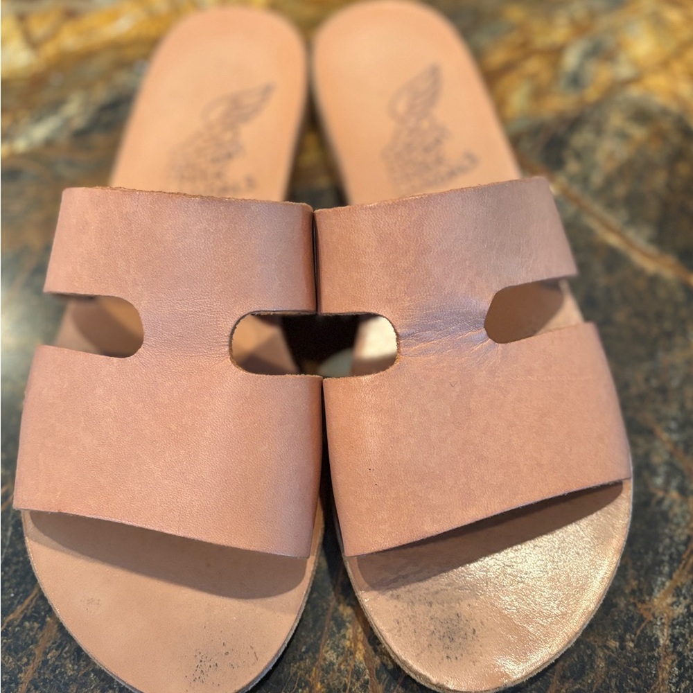Ancient Greek Sandals Women's Beige Leather Slide Sandals